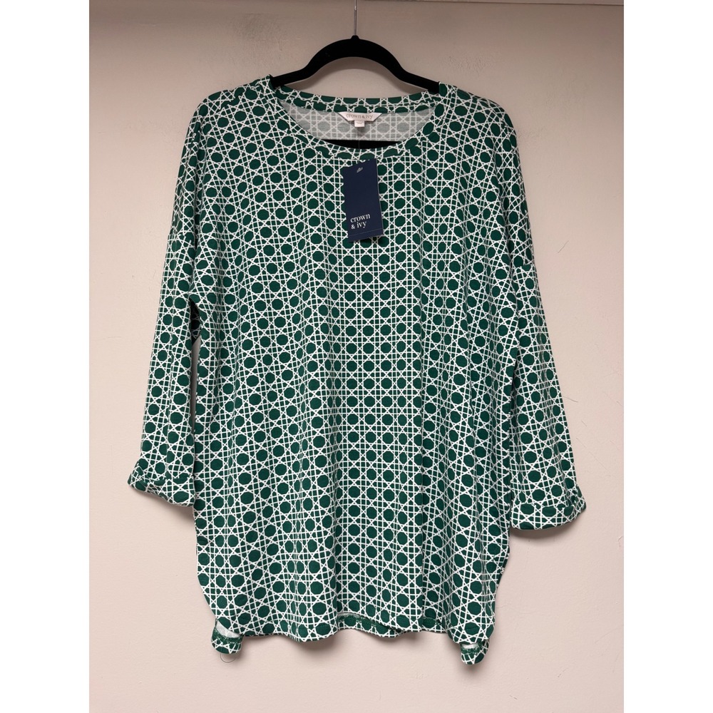 Crown Ivy Green White Geometric‎ Print Long Sleeve Tunic Top Shirt Size M